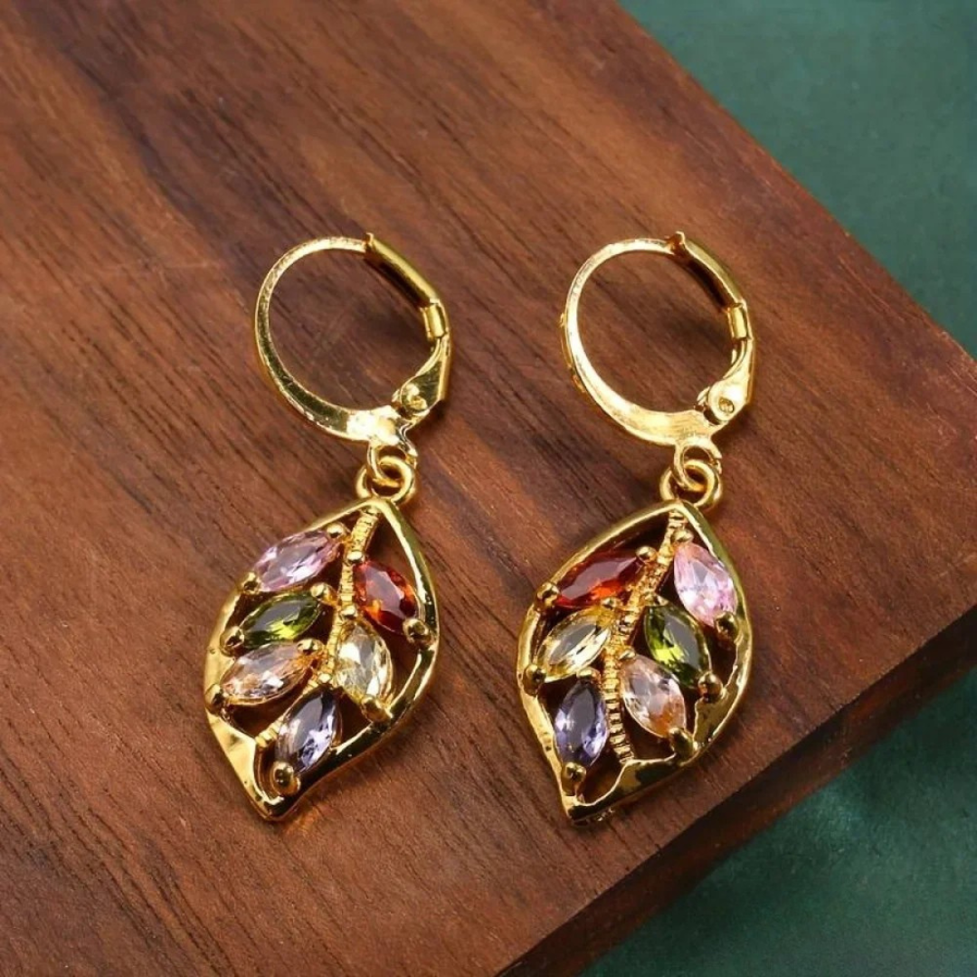 Vintage gold leaf earrings with colored zircon