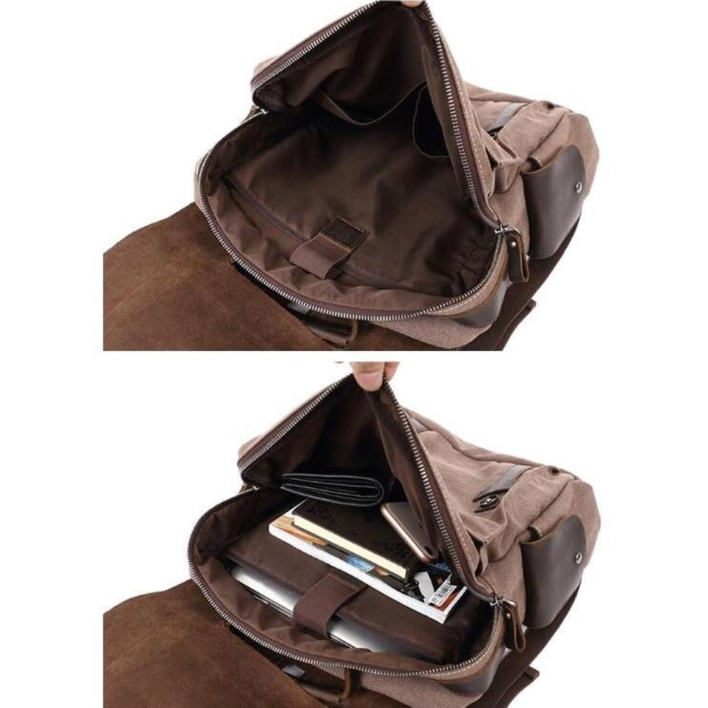 LENZIG – 男士帆布背包，配有皮革翻蓋和筆記本電腦隔層
