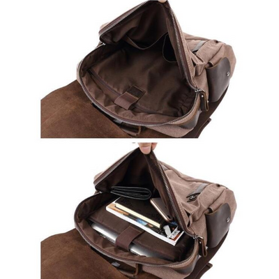 LENZIG – 男士帆布背包，配有皮革翻蓋和筆記本電腦隔層