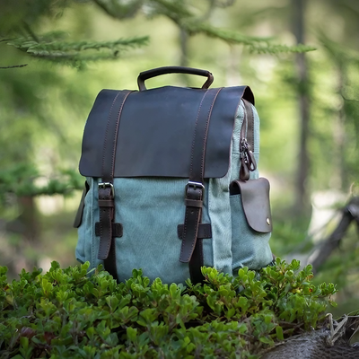 LENZIG – 男士帆布背包，配有皮革翻蓋和筆記本電腦隔層
