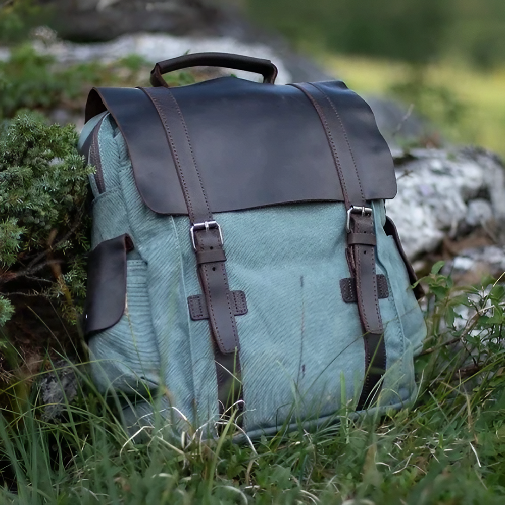 LENZIG – 男士帆布背包，配有皮革翻蓋和筆記本電腦隔層
