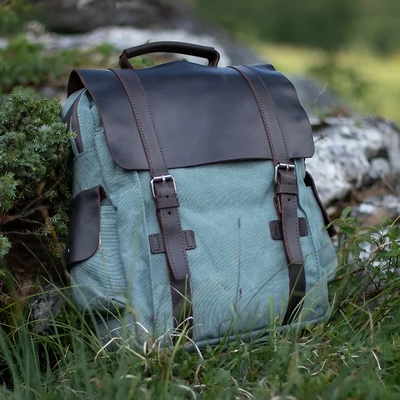 LENZIG – 男士帆布背包，配有皮革翻蓋和筆記本電腦隔層