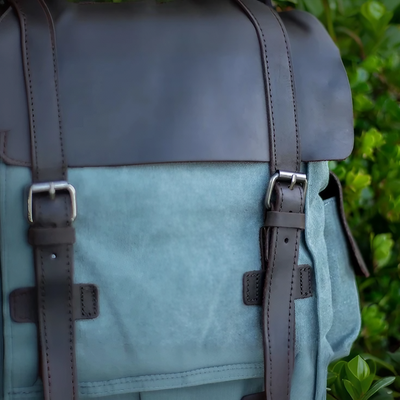 LENZIG – 男士帆布背包，配有皮革翻蓋和筆記本電腦隔層